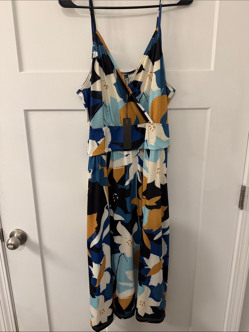 Floral Midi Dress in Blue, Mustard & White